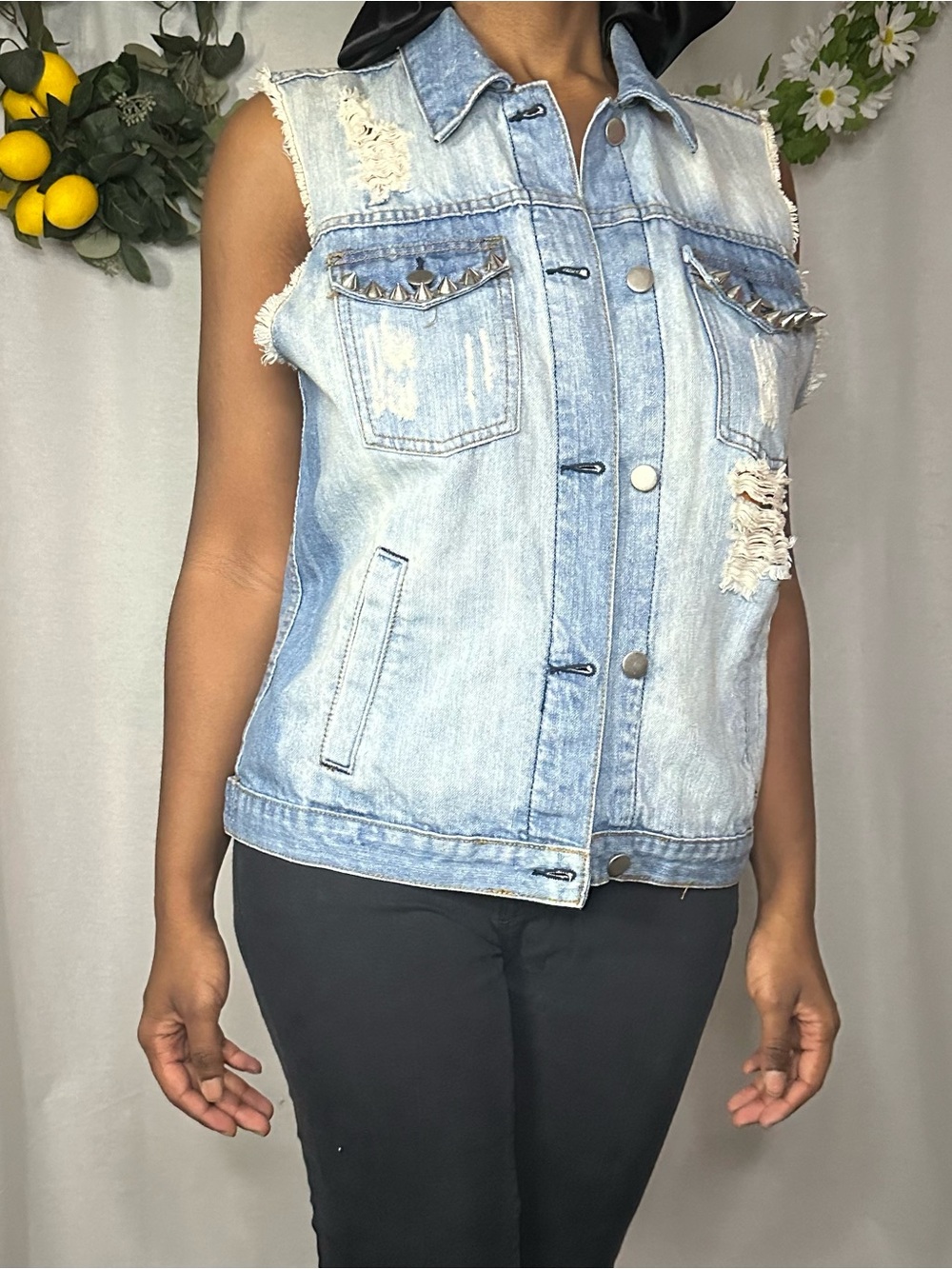 F21 distressed spiked punk rock style vest.